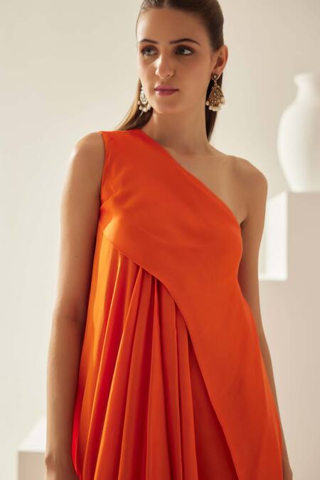 Wear Jaja Orange Modal One Shoulder Asymmetrical Midi Dress at Aza Fashions Wear Jaja_Orange Modal One Shoulder Asymmetrical Midi Dress_at_Aza_Fashions
