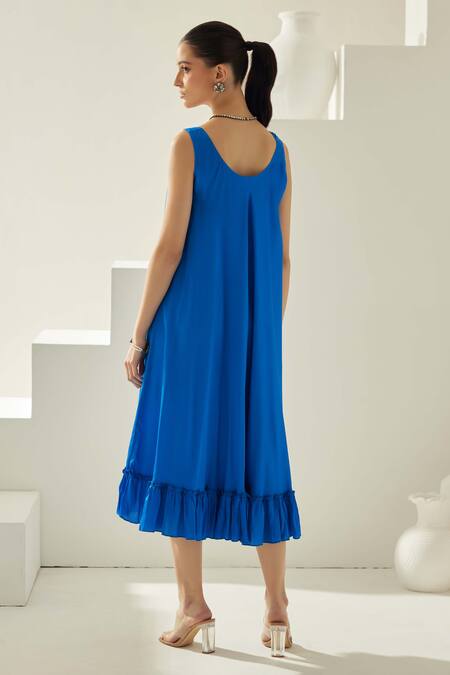 Shop Wear Jaja Blue Modal Round Neck Solid Midi Dress at Aza Fashions Shop_Wear Jaja_Blue Modal Round Neck Solid Midi Dress_at_Aza_Fashions