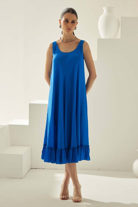 Wear Jaja Blue Modal Round Neck Solid Midi Dress Online at Aza Fashions Wear Jaja_Blue Modal Round Neck Solid Midi Dress_Online_at_Aza_Fashions