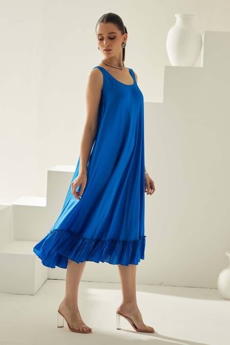 Shop Wear Jaja Blue Modal Round Neck Solid Midi Dress Online at Aza Fashions Shop_Wear Jaja_Blue Modal Round Neck Solid Midi Dress_Online_at_Aza_Fashions