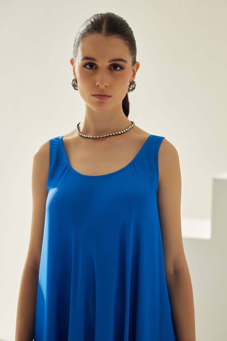 Wear Jaja Blue Modal Round Neck Solid Midi Dress at Aza Fashions Wear Jaja_Blue Modal Round Neck Solid Midi Dress_at_Aza_Fashions