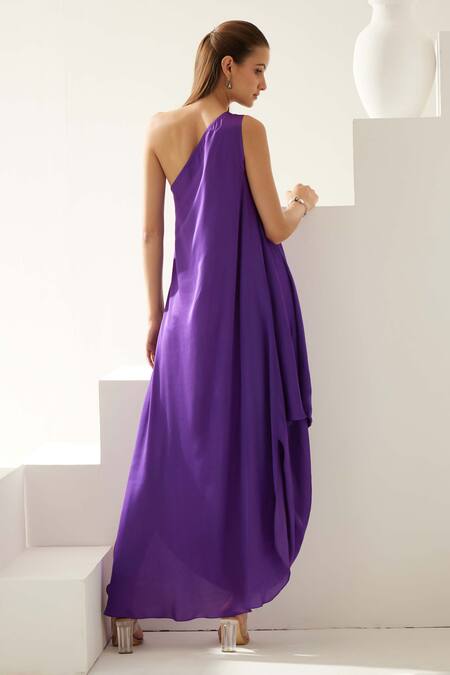 Shop Wear Jaja Purple Modal One Shoulder Solid Draped Midi Dress at Aza Fashions Shop_Wear Jaja_Purple Modal One Shoulder Solid Draped Midi Dress_at_Aza_Fashions