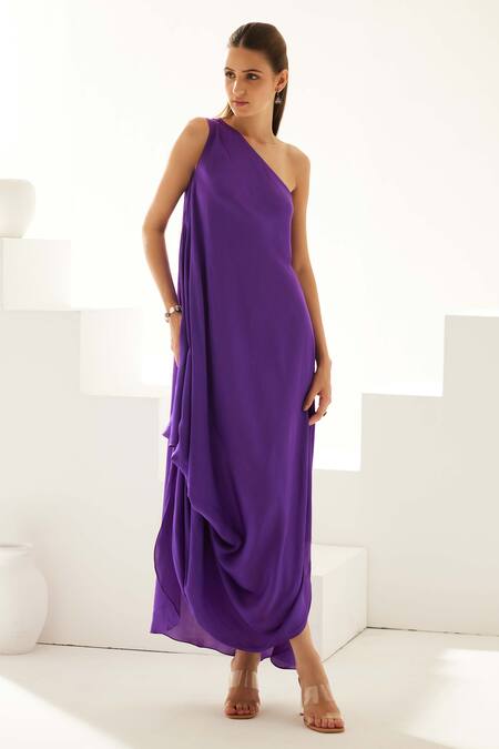 Wear Jaja Purple Modal One Shoulder Solid Draped Midi Dress Online at Aza Fashions Wear Jaja_Purple Modal One Shoulder Solid Draped Midi Dress_Online_at_Aza_Fashions
