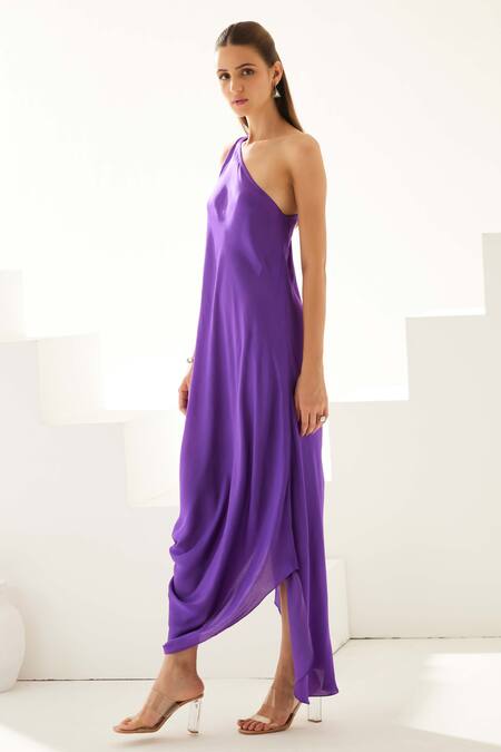 Buy Wear Jaja Purple Modal One Shoulder Solid Draped Midi Dress Online at Aza Fashions Buy_Wear Jaja_Purple Modal One Shoulder Solid Draped Midi Dress_Online_at_Aza_Fashions