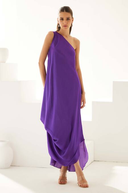 Shop Wear Jaja Purple Modal One Shoulder Solid Draped Midi Dress Online at Aza Fashions Shop_Wear Jaja_Purple Modal One Shoulder Solid Draped Midi Dress_Online_at_Aza_Fashions