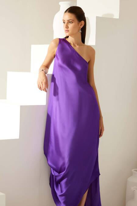 Wear Jaja Purple Modal One Shoulder Solid Draped Midi Dress at Aza Fashions Wear Jaja_Purple Modal One Shoulder Solid Draped Midi Dress_at_Aza_Fashions