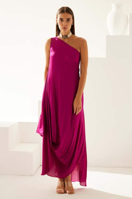 Wear JaJa Wine Modal Solid One Shoulder Plain Draped Midi Dress  