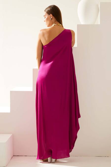 Shop Wear Jaja Wine Modal One Shoulder Solid Draped Maxi Dress at Aza Fashions Shop_Wear Jaja_Wine Modal One Shoulder Solid Draped Maxi Dress_at_Aza_Fashions