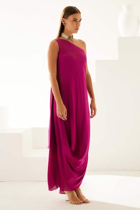 Wear Jaja Wine Modal One Shoulder Solid Draped Maxi Dress Online at Aza Fashions Wear Jaja_Wine Modal One Shoulder Solid Draped Maxi Dress_Online_at_Aza_Fashions