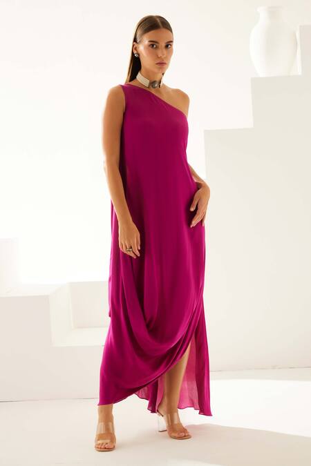 Buy Wear Jaja Wine Modal One Shoulder Solid Draped Maxi Dress Online at Aza Fashions Buy_Wear Jaja_Wine Modal One Shoulder Solid Draped Maxi Dress_Online_at_Aza_Fashions