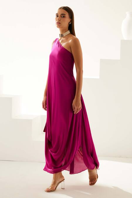 Shop Wear Jaja Wine Modal One Shoulder Solid Draped Maxi Dress Online at Aza Fashions Shop_Wear Jaja_Wine Modal One Shoulder Solid Draped Maxi Dress_Online_at_Aza_Fashions