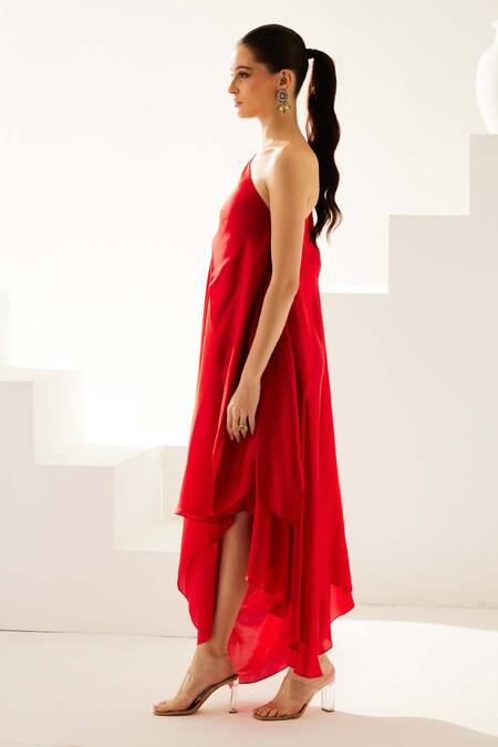Wear Jaja_Red Modal One Shoulder Solid Asymmetrical Midi Dress_Online_at_Aza_Fashions