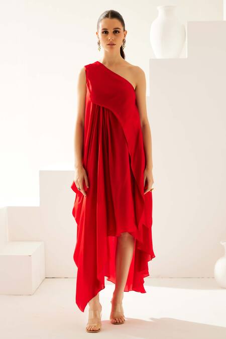 Buy_Wear Jaja_Red Modal One Shoulder Solid Asymmetrical Midi Dress_Online_at_Aza_Fashions
