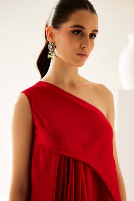 Shop_Wear Jaja_Red Modal One Shoulder Solid Asymmetrical Midi Dress_Online_at_Aza_Fashions