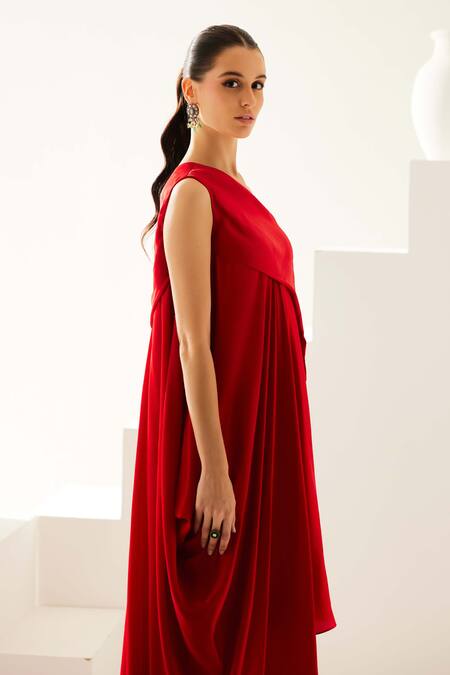 Wear Jaja_Red Modal One Shoulder Solid Asymmetrical Midi Dress_at_Aza_Fashions