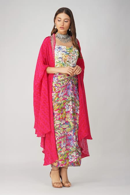 Devyani Mehrotra_Pink Crepe Printed And Embellished Leaf Cape Open Gharara Set_Online_at_Aza_Fashions