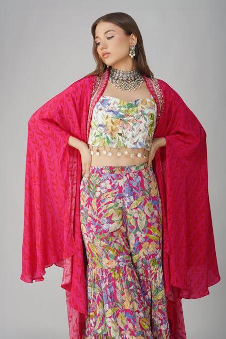 Buy_Devyani Mehrotra_Pink Crepe Printed And Embellished Leaf Cape Open Gharara Set_Online_at_Aza_Fashions
