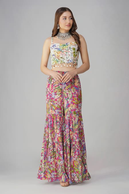 Shop_Devyani Mehrotra_Pink Crepe Printed And Embellished Leaf Cape Open Gharara Set_Online_at_Aza_Fashions