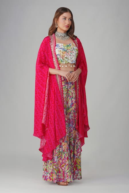 Shop_Devyani Mehrotra_Pink Crepe Printed And Embellished Leaf Cape Open Gharara Set