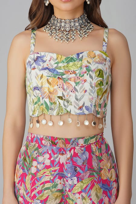 Devyani Mehrotra_Pink Crepe Printed And Embellished Leaf Cape Open Skirt Set_Online_at_Aza_Fashions
