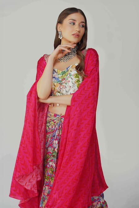 Buy_Devyani Mehrotra_Pink Crepe Printed And Embellished Leaf Cape Open Skirt Set_Online_at_Aza_Fashions