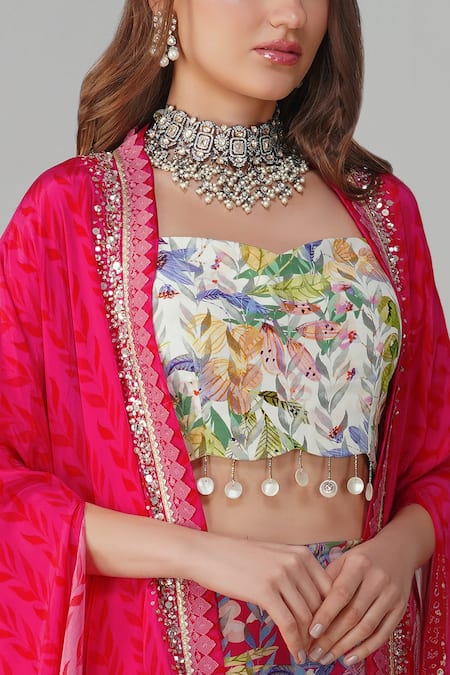 Shop_Devyani Mehrotra_Pink Crepe Printed And Embellished Leaf Cape Open Skirt Set_Online_at_Aza_Fashions