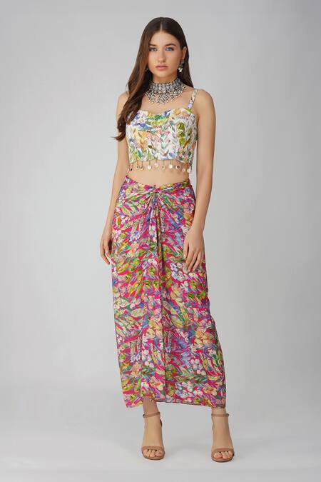 Devyani Mehrotra_Pink Crepe Printed And Embellished Leaf Cape Open Skirt Set_at_Aza_Fashions