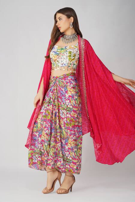 Buy_Devyani Mehrotra_Pink Crepe Printed And Embellished Leaf Cape Open Skirt Set