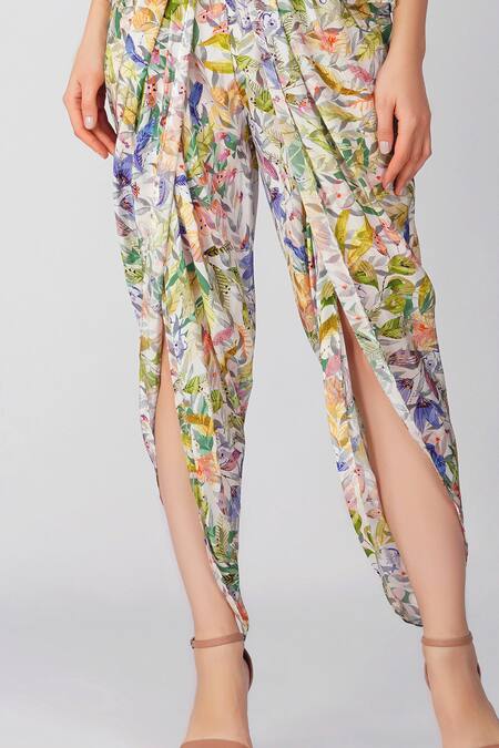 Devyani Mehrotra_Ivory Crepe Printed And Embellished Leaf Jacket Lapel Collar Tulip Pant Set_Online_at_Aza_Fashions