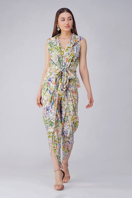 Buy_Devyani Mehrotra_Ivory Crepe Printed And Embellished Leaf Jacket Lapel Collar Tulip Pant Set_Online_at_Aza_Fashions