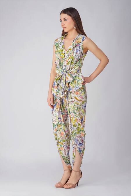Shop_Devyani Mehrotra_Ivory Crepe Printed And Embellished Leaf Jacket Lapel Collar Tulip Pant Set_Online_at_Aza_Fashions