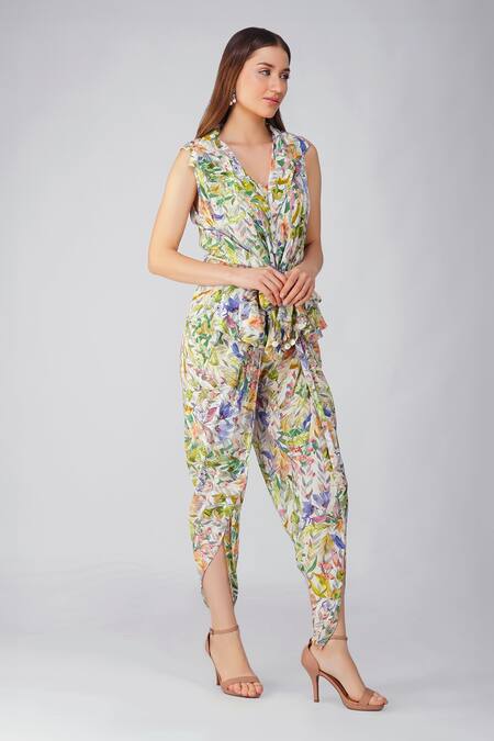 Devyani Mehrotra_Ivory Crepe Printed And Embellished Leaf Jacket Lapel Collar Tulip Pant Set_at_Aza_Fashions