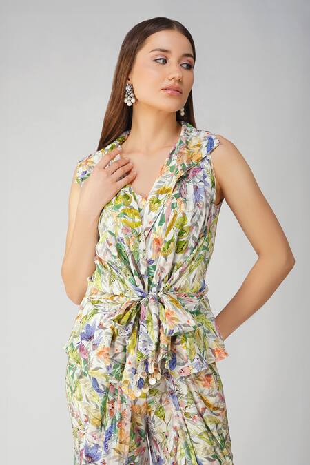 Buy_Devyani Mehrotra_Ivory Crepe Printed And Embellished Leaf Jacket Lapel Collar Tulip Pant Set