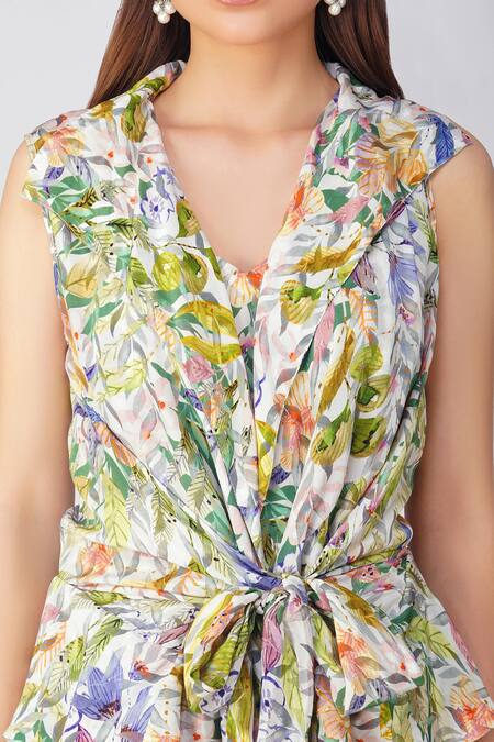 Shop_Devyani Mehrotra_Ivory Crepe Printed And Embellished Leaf Jacket Lapel Collar Tulip Pant Set