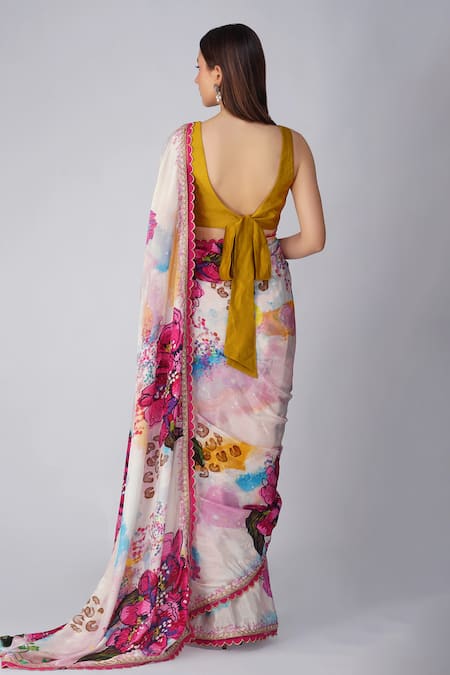 Shop Devyani Mehrotra Multi Color Crepe Printed And Flower Saree With Unstitched Blouse Piece at Aza Fashions Shop_Devyani Mehrotra_Multi Color Crepe Printed And Flower Saree With Unstitched Blouse Piece_at_Aza_Fashions