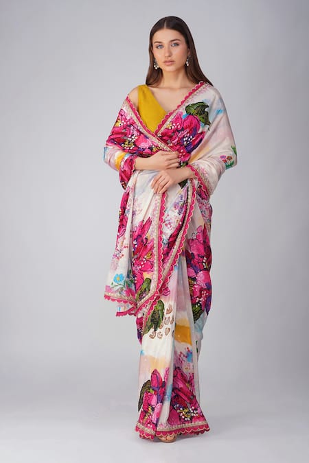 Devyani Mehrotra Multi Color Crepe Printed And Flower Saree With Unstitched Blouse Piece Online at Aza Fashions Devyani Mehrotra_Multi Color Crepe Printed And Flower Saree With Unstitched Blouse Piece_Online_at_Aza_Fashions