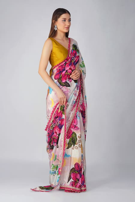 Buy Devyani Mehrotra Multi Color Crepe Printed And Flower Saree With Unstitched Blouse Piece Online at Aza Fashions Buy_Devyani Mehrotra_Multi Color Crepe Printed And Flower Saree With Unstitched Blouse Piece_Online_at_Aza_Fashions