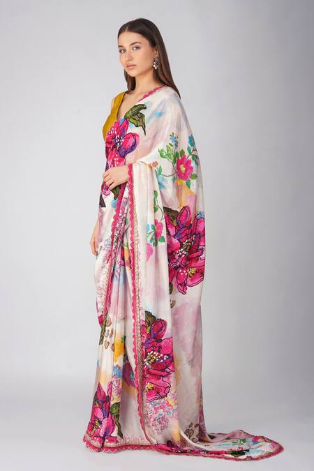 Shop Devyani Mehrotra Multi Color Crepe Printed And Flower Saree With Unstitched Blouse Piece Online at Aza Fashions Shop_Devyani Mehrotra_Multi Color Crepe Printed And Flower Saree With Unstitched Blouse Piece_Online_at_Aza_Fashions