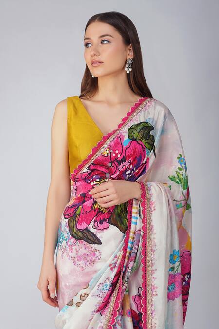 Devyani Mehrotra Multi Color Crepe Printed And Flower Saree With Unstitched Blouse Piece at Aza Fashions Devyani Mehrotra_Multi Color Crepe Printed And Flower Saree With Unstitched Blouse Piece_at_Aza_Fashions