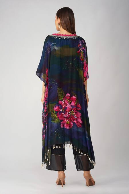 Shop Devyani Mehrotra Black Muslin Sequins, Beads, Gota Patti V-neck Flower Print Kaftan And Pant Set at Aza Fashions Shop_Devyani Mehrotra_Black Muslin Sequins, Beads, Gota Patti V-neck Flower Print Kaftan And Pant Set_at_Aza_Fashions
