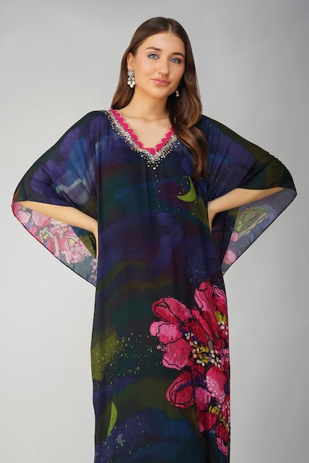 Devyani Mehrotra Black Muslin Sequins, Beads, Gota Patti V-neck Flower Print Kaftan And Pant Set Online at Aza Fashions Devyani Mehrotra_Black Muslin Sequins, Beads, Gota Patti V-neck Flower Print Kaftan And Pant Set_Online_at_Aza_Fashions