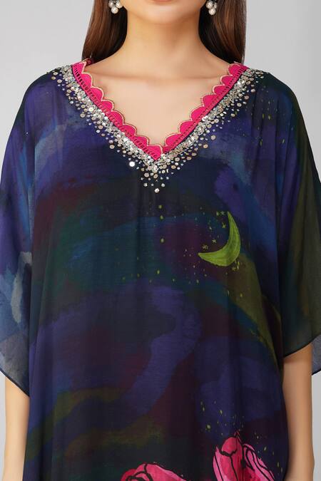 Buy Devyani Mehrotra Black Muslin Sequins, Beads, Gota Patti V-neck Flower Print Kaftan And Pant Set Online at Aza Fashions Buy_Devyani Mehrotra_Black Muslin Sequins, Beads, Gota Patti V-neck Flower Print Kaftan And Pant Set_Online_at_Aza_Fashions