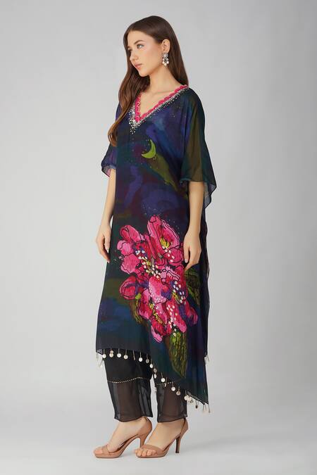 Shop Devyani Mehrotra Black Muslin Sequins, Beads, Gota Patti V-neck Flower Print Kaftan And Pant Set Online at Aza Fashions Shop_Devyani Mehrotra_Black Muslin Sequins, Beads, Gota Patti V-neck Flower Print Kaftan And Pant Set_Online_at_Aza_Fashions