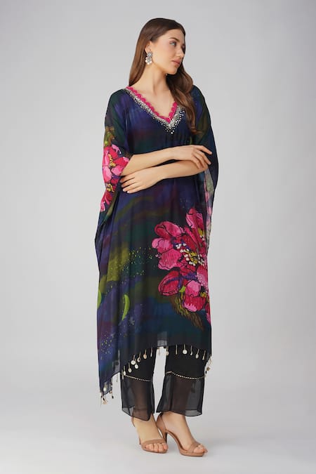 Devyani Mehrotra Black Muslin Sequins, Beads, Gota Patti V-neck Flower Print Kaftan And Pant Set at Aza Fashions Devyani Mehrotra_Black Muslin Sequins, Beads, Gota Patti V-neck Flower Print Kaftan And Pant Set_at_Aza_Fashions