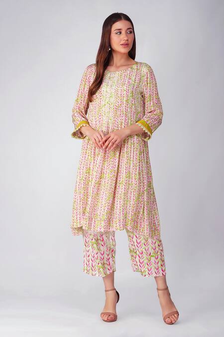 Devyani Mehrotra_Pink Crepe Printed And Embellished Leaf Round Neck A-line Kurta Set_Online_at_Aza_Fashions