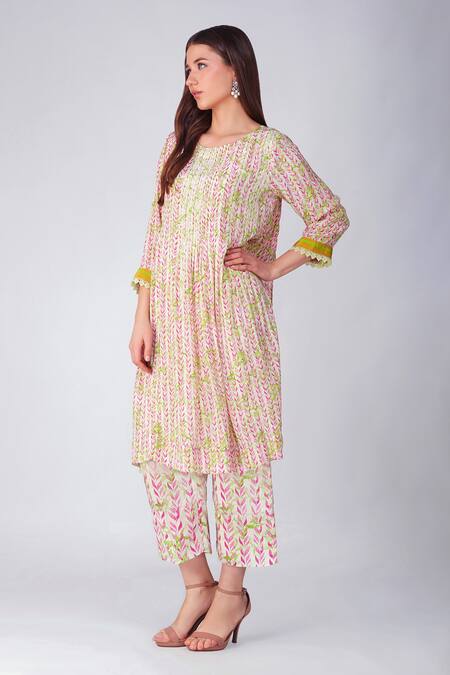 Buy_Devyani Mehrotra_Pink Crepe Printed And Embellished Leaf Round Neck A-line Kurta Set_Online_at_Aza_Fashions