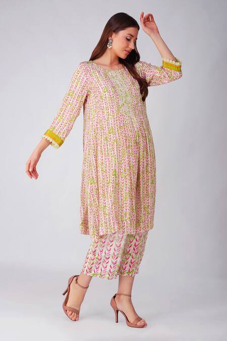 Shop_Devyani Mehrotra_Pink Crepe Printed And Embellished Leaf Round Neck A-line Kurta Set_Online_at_Aza_Fashions