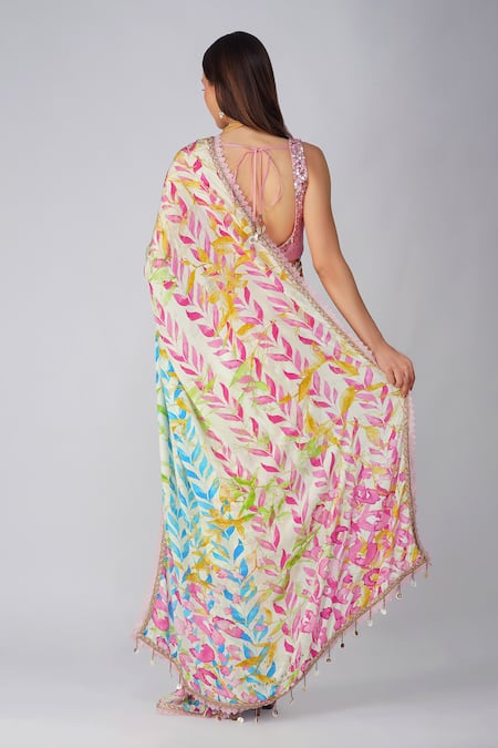 Shop Devyani Mehrotra Pink Crepe, Chanderi Sequins Round Leaf Print Pre-stitched Saree And Blouse Set at Aza Fashions Shop_Devyani Mehrotra_Pink Crepe, Chanderi Sequins Round Leaf Print Pre-stitched Saree And Blouse Set _at_Aza_Fashions