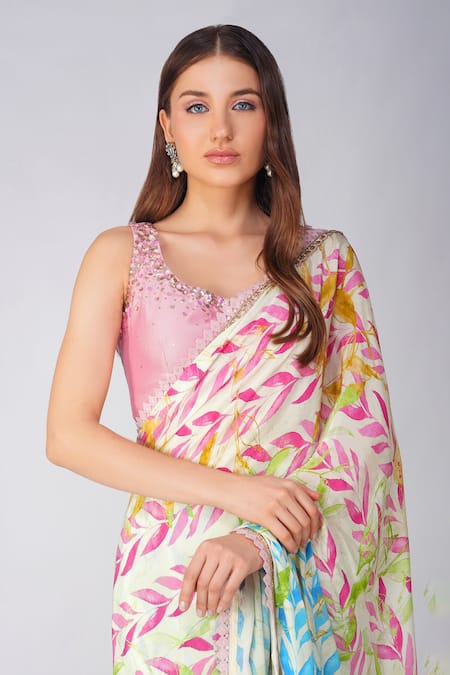 Devyani Mehrotra Pink Crepe, Chanderi Sequins Round Leaf Print Pre-stitched Saree And Blouse Set Online at Aza Fashions Devyani Mehrotra_Pink Crepe, Chanderi Sequins Round Leaf Print Pre-stitched Saree And Blouse Set _Online_at_Aza_Fashions