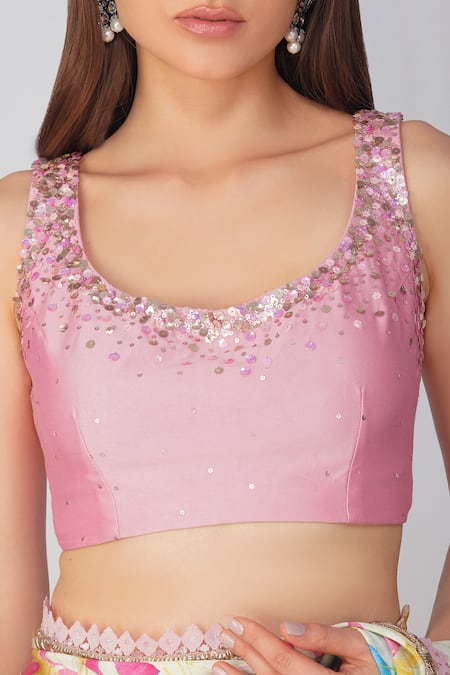 Buy Devyani Mehrotra Pink Crepe, Chanderi Sequins Round Leaf Print Pre-stitched Saree And Blouse Set Online at Aza Fashions Buy_Devyani Mehrotra_Pink Crepe, Chanderi Sequins Round Leaf Print Pre-stitched Saree And Blouse Set _Online_at_Aza_Fashions